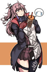 Rule 34 | 1girl, absurdres, asymmetrical legwear, black coat, bubble tea, bubble tea challenge, buckle, coat, dinoyhs, girls&#039; frontline, gloves, hair between eyes, hair ornament, highres, leaning back, long hair, looking down, mod3 (girls&#039; frontline), pink hair, pleated skirt, pouch, red gloves, skirt, snap-fit buckle, solo, st ar-15 (girls&#039; frontline), st ar-15 (mod3) (girls&#039; frontline), thigh pouch, thigh strap, thighhighs, torn clothes, torn coat
