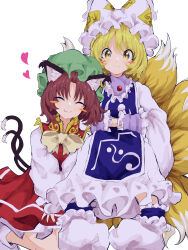 Rule 34 | 2girls, absurdres, animal ears, blonde hair, blush stickers, brown hair, cat ears, cat tail, chen, closed eyes, closed mouth, dress, fang, fox ears, fox tail, frilled sleeves, frills, green headwear, hat, heart, highres, long sleeves, mob cap, mugi (mugimugi 9kv), multiple girls, multiple tails, red dress, short hair, simple background, smile, tabard, tail, touhou, two tails, white background, white dress, white headwear, wide sleeves, yakumo ran, yellow eyes
