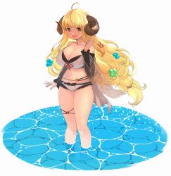 Rule 34 | ahoge, anila (granblue fantasy), anila (summer) (granblue fantasy), bikini, blonde hair, breasts, draph, front-tie top, granblue fantasy, highres, horns, large breasts, long hair, looking at viewer, ocean, outdoors, partially submerged, sheep horns, short eyebrows, solo, standing, standing on liquid, swimsuit, wading, water, white bikini, yellow eyes, yokohachi