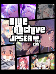 Rule 34 | 6+girls, absurdres, armpits, arona (blue archive), artist name, ass, ass-to-ass, black hair, blonde hair, blue archive, blue eyes, blush, bow, bowtie, breasts, cheerleader, commentary, copyright name, cover, english commentary, fake cover, grand theft auto, grass, hair ornament, hairband, halo, hibiki (blue archive), hibiki (cheer squad) (blue archive), highres, housou-kun, kisaki (blue archive), kotori (blue archive), kotori (cheer squad) (blue archive), medium breasts, mina (blue archive), miniskirt, multicolored hair, multiple girls, neckerchief, open mouth, parody, plana (blue archive), purple eyes, purple hair, red eyes, red hair, reisa (blue archive), sexually suggestive, skirt, small breasts, star (symbol), star hair ornament, streaked hair, suggestive fluid, sweat, takane (blue archive), tears, title parody, toki (blue archive), toki (bunny) (blue archive), white hair