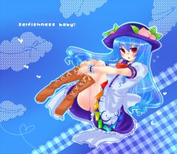 Rule 34 | 1girl, bad id, bad pixiv id, blue hair, boots, female focus, hat, hinanawi tenshi, hugging own legs, long hair, red eyes, solo, takamura, touhou, wrist cuffs