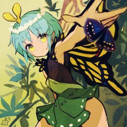 Rule 34 | 1girl, arm up, black dress, black sleeves, blue hair, breasts, bug, butterfly, closed mouth, dress, eternity larva, green dress, hair between eyes, hand up, insect, leaf, looking to the side, maaru (akira428), short hair, short sleeves, small breasts, smile, solo, standing, touhou, yellow background, yellow eyes