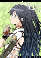 Rule 34 | 10s, 1girl, aka ringo, armor, asymmetric gloves, asymmetrical gloves, black hair, blue eyes, fingerless gloves, from side, gloves, hair ribbon, jewelry, kantai collection, katsuragi (kancolle), long hair, looking at viewer, messy hair, pendant, ponytail, remodel (kantai collection), ribbon, smile, solo, uneven gloves, upper body