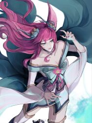 Rule 34 | 1girl, ahri (league of legends), animal ears, bare shoulders, bell, bow, breasts, closed mouth, collarbone, cowboy shot, fingernails, fox ears, fox girl, fox tail, grey bow, hair bell, hair ornament, highres, japanese clothes, jellyjelly, kimono, large bow, large breasts, league of legends, long hair, long sleeves, multiple tails, nail polish, official alternate costume, red hair, sharp fingernails, solo, spirit blossom ahri, tail, thighhighs