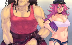 Rule 34 | 1boy, 1girl, armband, bad id, bad pixiv id, bare shoulders, bracelet, breasts, capcom, chain, choker, cleavage, cuffs, denim, denim shorts, final fight, hand on own hip, handcuffs, hat, hip focus, huge breasts, hugo andore, jewelry, manly, midriff, muscular, nail polish, navel, pink hair, pink nails, poison (final fight), shorts, spiked bracelet, spikes, strap slip, street fighter, street fighter iii (series), tank top, yoko juusuke