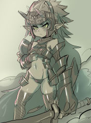 Rule 34 | 1girl, alternate costume, armor, blush stickers, colored sclera, earrings, eyelashes, fake horns, helmet, highres, horned helmet, jewelry, long hair, lowleg, maniacpaint, midna, nintendo, oversized forearms, oversized limbs, pointy ears, solo, sword, the legend of zelda, the legend of zelda: twilight princess, thighhighs, very long hair, weapon, yellow eyes, yellow sclera