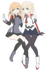 Rule 34 | 2girls, anchor hair ornament, aqua eyes, bad id, bad twitter id, black gloves, black legwear, black skirt, blonde hair, capelet, celtic knot, commentary request, flat color, full body, gloves, graf zeppelin (kancolle), grey eyes, hair between eyes, hair ornament, highres, invisible chair, kantai collection, looking at viewer, low twintails, microskirt, military, military uniform, miniskirt, multiple girls, necktie, no headwear, no headwear, pantyhose, prinz eugen (kancolle), shiosoda, sidelocks, simple background, sitting, skirt, thighhighs, twintails, uniform, white background, white gloves