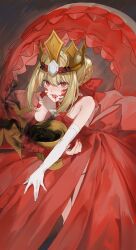 Rule 34 | 1girl, absurdres, ahoge, bare shoulders, blonde hair, braid, breasts, chalice, crown, cup, dragon tail, dress, elbow gloves, facial mark, fangs, fate/grand order, fate (series), french braid, gloves, hair bun, hair intakes, hair ribbon, highres, long hair, looking at viewer, nero claudius (fate), nero claudius (fate) (all), open mouth, pointy ears, queen draco (fate), queen draco (first ascension) (fate), red dress, red eyes, red ribbon, ribbon, scales, single glove, small breasts, solo, tail, white gloves, yurumawari