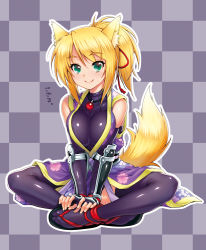 Rule 34 | 10s, 1girl, animal ears, black gloves, black thighhighs, blonde hair, blush, breasts, catchphrase, checkered background, dog days, female focus, fingerless gloves, fox ears, fox tail, gloves, green eyes, indian style, japanese clothes, kazuma muramasa, kimono, large breasts, long hair, looking at viewer, ponytail, sandals, simple background, sitting, smile, solo, tail, thighhighs, yukikaze panettone