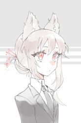Rule 34 | 1girl, animal ears, bad id, bad twitter id, black jacket, black necktie, blush, cat ears, closed mouth, collared shirt, commentary, dot nose, english commentary, from side, grey background, grey hair, hair bun, hair ornament, hairpin, jacket, kemonomimi mode, necktie, nose blush, original, red eyes, shirt, single hair bun, solo, tsu (lovesick1964), two (tsu (lovesick1964)), upper body, white shirt, wing collar