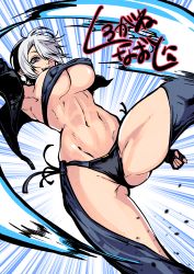 Rule 34 | abs, absurdres, angel (kof), armpits, blue eyes, boots, bra, breasts, chaps, cowboy boots, cropped jacket, emphasis lines, fingerless gloves, gloves, grey hair, hair over one eye, highres, jacket, kurogane naoto (churushiko), large breasts, leather, leather jacket, mexico, navel, sideboob, snk, solo, strapless, strapless bra, teeth, the king of fighters, the king of fighters 2001, the king of fighters xiv, toned, underwear, upper teeth only, white hair