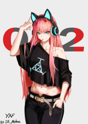 Rule 34 | 10s, 1girl, absurdres, animal ear headphones, animal ears, bad id, bad pixiv id, belt, candy, cat ear headphones, collarbone, darling in the franxx, denim, fake animal ears, food, green eyes, hand in pocket, headphones, highres, horns, in mouth, index finger raised, lollipop, long hair, looking at viewer, ludwind221, midriff, navel, pink hair, red horns, signature, simple background, smile, solo, tank top, zero two (darling in the franxx)