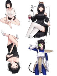 Rule 34 | 1girl, absurdres, animal ears, armor, bare legs, barefoot, black bra, black dress, black hair, black shirt, blouse, blunt bangs, bra, breasts, cat ears, cat girl, cat tail, cleavage, closed mouth, clothing cutout, collarbone, commentary, cosplay, crossed legs, crown, cup, dragon ball, dragonball z, dress, drinking glass, facial mark, garter straps, gloves, highres, korean text, long sleeves, mac star, medium hair, multiple views, naked shirt, original, queen (playing card), red wine, scouter, see-through, see-through shirt, shirt, short shorts, short sleeves, shorts, shoulder cutout, simple background, sitting, smile, socks, star (symbol), star facial mark, t-shirt, tail, thighhighs, translation request, underwear, vegeta, vegeta (cosplay), white background, white gloves, white shirt, white thighhighs, wine glass