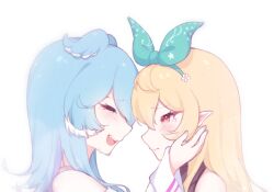 Rule 34 | 2girls, bare shoulders, blonde hair, blue hair, blush, bow, crying, elira pendora, fang, from side, hair bow, hairband, hands on another&#039;s face, head wings, highres, hyuni (hyunicat), long hair, multiple girls, nijisanji, nijisanji en, open mouth, pointy ears, pomu rainpuff, red eyes, single off shoulder, tearing up, virtual youtuber, white background, wings