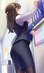 Rule 34 | 1girl, amagi shino, artist name, blush, brown hair, commentary request, eyelashes, highres, long hair, long sleeves, office, office lady, original, pantyhose, purple eyes, receptionist girl (amagi shino), signature, solo, standing, working