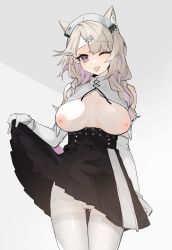 Rule 34 | 1girl, ;p, absurdres, animal ear fluff, animal ears, arknights, black skirt, breasts, breasts apart, breasts out, cat ears, clothes lift, cowboy shot, gloves, gluteal fold, grey background, hairband, highres, kazemaru (arknights), kazemaru (like illusion) (arknights), large breasts, lifting own clothes, long sleeves, looking at viewer, nipples, no bra, official alternate costume, one eye closed, pantyhose, retri, skirt, skirt lift, solo, thigh gap, thighband pantyhose, tongue, tongue out, two-tone background, white background, white gloves, white hairband, white pantyhose