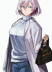 1girl bag blue_eyes breasts coat denim gridman_universe handbag jeans large_breasts mujina open_clothes pants risyo short_hair simple_background solo ssss.dynazenon sweater turtleneck turtleneck_sweater white_background