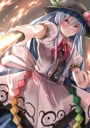 Rule 34 | 1girl, absurdres, back bow, black hat, blue hair, blue nails, blush, bow, center frills, closed mouth, collared shirt, frills, hair between eyes, hat, highres, hinanawi tenshi, holding, holding sword, holding weapon, leaf hat ornament, long hair, looking at viewer, mahoro (minase mahoro), nail polish, neckerchief, peach hat ornament, pink eyes, puffy short sleeves, puffy sleeves, rainbow order, red neckerchief, shirt, short sleeves, solo, sword, sword of hisou, touhou, v-shaped eyebrows, very long hair, weapon, white bow, white shirt