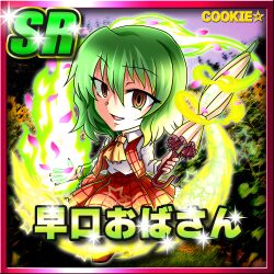 Rule 34 | 1girl, ascot, aura, border, brown eyes, card (medium), card parody, character name, chibi, collared shirt, commentary request, cookie (touhou), copyright name, fire, frilled skirt, frills, full body, green fire, green hair, hair between eyes, highres, kazami yuuka, long bangs, long sleeves, looking at viewer, macota (cookie), meta meta, open clothes, open mouth, open vest, parasol, petals, pink border, pink umbrella, plaid, plaid skirt, plaid vest, red skirt, red vest, shirt, short hair, skirt, skirt set, smile, solo, sparkle, star (symbol), touhou, umbrella, vest, white shirt, yellow ascot