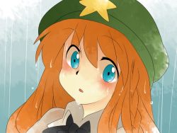 Rule 34 | 1girl, bad id, bad pixiv id, blue eyes, bow, bowtie, braid, comic, female focus, hammer (sunset beach), hat, hong meiling, long hair, open mouth, portrait, rain, red hair, silent comic, solo, star (symbol), surprised, touhou, wet