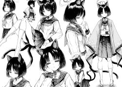 Rule 34 | 1girl, absurdres, animal ears, blue archive, cat ears, cat tail, greyscale, halo, hand on own cheek, hand on own face, haruyukiko, highres, kikyou (blue archive), long sleeves, monochrome, multiple tails, multiple views, neckerchief, pleated skirt, sailor collar, sandals, school uniform, serafuku, short hair, simple background, sitting, skirt, socks, standing, tail, white background