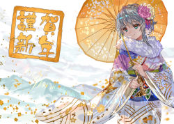Rule 34 | 1girl, akeome, blue eyes, closed mouth, commentary request, floral print, flower, fur trim, hair flower, hair ornament, happy new year, holding, holding umbrella, japanese clothes, kimono, long sleeves, multicolored eyes, new year, obi, oil-paper umbrella, original, outdoors, ran&#039;ou (tamago no kimi), red eyes, sash, short hair, silver hair, smile, solo, standing, umbrella, wide sleeves