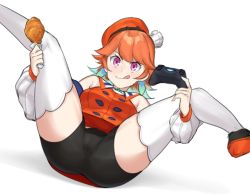 Rule 34 | 1girl, aqua hair, bike shorts under skirt, breasts, chicken (food), controller, dasdokter, detached sleeves, fried chicken, game controller, hololive, hololive english, medium breasts, meme, miniskirt, multiple hats, orange hair, orange headwear, purple eyes, skirt, smile, solo, spread legs, takanashi kiara, thighhighs, tongue, tongue out, virtual youtuber, white thighhighs