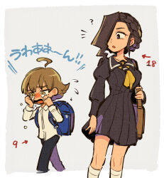Rule 34 | 1boy, 1girl, ?, ace attorney, ace attorney investigations, ace attorney investigations 2, age difference, aged down, ahoge, alternate costume, backpack, bag, black dress, braid, brown eyes, brown hair, crying, crying with eyes open, dress, flipped hair, flying sweatdrops, hair over one eye, highres, ichiyanagi yumihiko, long hair, long sleeves, looking at another, mikagami hakari, neckerchief, nono (norabi), open mouth, pleated dress, sailor collar, sailor dress, school uniform, shirt, short hair, tears, walking, yellow neckerchief