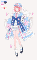 Rule 34 | 1girl, absurdres, adapted costume, arm ribbon, black footwear, blue dress, bow, bug, butterfly, color guide, dress, embellished costume, floral print, flower, flower ornament, footwear bow, frilled bow, frills, full body, gradient eyes, grey background, hat, head wreath, highres, insect, japanese clothes, kimono, knees together feet apart, legs, long sleeves, looking at viewer, mary janes, mob cap, multicolored eyes, open clothes, open dress, open hands, open kimono, pink hair, red eyes, ribbon, ribbon-trimmed collar, ribbon trim, sadsan, saigyouji yuyuko, see-through, see-through sleeves, shoes, short dress, short hair, short kimono, simple background, smile, socks, solo, thighs, touhou, triangular headpiece, veil, white dress, wide sleeves, yellow eyes