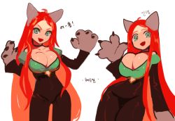 Rule 34 | 1girl, animal ears, animal hands, cat ears, cat girl, cat paws, clothing cutout, dress, dungeon and fighter, fang, firstw1, green eyes, looking at viewer, navel cutout, open mouth, orange hair, simple background, upper body, verdil, waving, white background