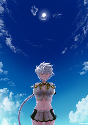 Rule 34 | 1girl, arms behind back, asymmetrical hair, blue sky, blush, braid, breasts, choker, cleavage cutout, clothing cutout, cloud, cloud print, collarbone, commentary request, cowboy shot, crop top, cypress, day, groin, hair between eyes, hair ornament, highres, jitome, kantai collection, large breasts, long hair, looking at viewer, midriff, miniskirt, navel, pleated skirt, ribbon choker, short sleeves, side cutout, sidelocks, silver hair, single braid, skirt, sky, smile, solo, standing, sun, thigh gap, twitter username, unryuu (kancolle), very long hair, wavy hair, white skirt, yellow eyes