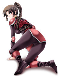 Rule 34 | 1girl, all fours, blunt bangs, bodysuit, brown eyes, brown hair, from behind, highres, inuyasha, long hair, looking at viewer, looking back, ponytail, sango (inuyasha), shoulder pads, solo, tamamon, white background