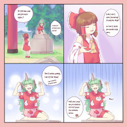 Rule 34 | 2girls, 4koma, :d, ahoge, animal ears, ascot, bare arms, bare shoulders, barefoot, blunt bangs, bow, brown hair, clenched hands, closed eyes, cloud print, collared shirt, comic, commentary, curly hair, detached sleeves, english text, flat chest, flexing, green hair, hair bow, hair tubes, hakurei reimu, hands up, highres, horns, komano aunn, long hair, looking at viewer, multiple girls, open mouth, red bow, red shirt, ribbon-trimmed sleeves, ribbon trim, shirt, short sleeves, shorts, sidelocks, single horn, sleeveless, sleeveless shirt, smile, sweatdrop, teeth, touhou, upper teeth only, wide sleeves, yoruny