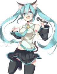 Rule 34 | 1girl, :d, animal ears, aoi takeru, aqua eyes, aqua hair, aqua nails, aqua necktie, bare shoulders, bell, black footwear, black skirt, black thighhighs, boots, cat ears, cat tail, collar, detached sleeves, fang, fingernails, hatsune miku, highres, holding, holding microphone, kemonomimi mode, leg up, long hair, microphone, nail polish, navel, neck bell, necktie, open mouth, pleated skirt, simple background, skirt, sleeveless, smile, solo, tail, thigh boots, thighhighs, twintails, very long hair, vocaloid, white background