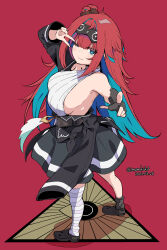 Rule 34 | 1girl, ;3, black footwear, black gloves, black skirt, blue eyes, blue hair, breasts, clothes around waist, colored inner hair, dated, fingerless gloves, gloves, highres, indie virtual youtuber, jacket, jacket around waist, kichihachi, large breasts, long hair, looking at viewer, multicolored hair, mutsuki memori, one eye closed, red background, red hair, shoes, simple background, single glove, single thighhigh, skirt, smile, solo, striped clothes, striped thighhighs, thighhighs, twitter username, v, virtual youtuber