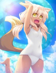 Rule 34 | 1girl, :d, animal ears, blonde hair, collar, day, fang, fox ears, fox tail, highres, holding, innertube, leg up, long hair, one-piece swimsuit, open mouth, original, school swimsuit, smile, solo, sorano (12gou), swim ring, swimsuit, tail, tan, twintails, wet, white one-piece swimsuit, yellow eyes