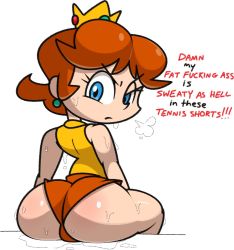 Rule 34 | 1girl, puff of air, annoyed, arched back, ass, bare shoulders, blue eyes, closed mouth, crown, earrings, english text, female focus, from behind, half-closed eye, huge ass, jewelry, jpeg artifacts, looking back, looking down, mario (series), mario tennis, micro shorts, mini crown, nintendo, orange hair, orange shorts, princess daisy, profanity, puddle, shiny skin, shirt, short hair, shorts, sidelocks, simple background, sitting, sleeveless, sleeveless shirt, solo, sweat, talking, uneven eyes, v-shaped eyebrows, vilepluff, white background, yellow headwear, yellow shirt