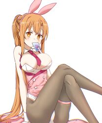 Rule 34 | animal ears, asuna (sao), bad id, bad pixiv id, blush, breasts, brown eyes, brown hair, buttons, card, collar, covered mouth, crossed legs, highres, large breasts, long hair, necktie, pantyhose, playing card, ponytail, rabbit ears, raised eyebrow, simple background, sitting, sword art online, wqn0930, wrist cuffs