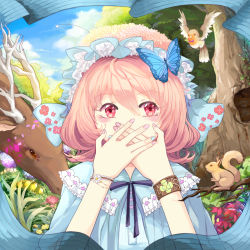 Rule 34 | 1girl, adapted costume, animal, bracelet, bug, butterfly, cherry blossoms, covering own mouth, faux traditional media, flower, hat, insect, japanese clothes, jewelry, nail polish, nature, pink eyes, pink hair, saigyouji yuyuko, short hair, siam (meow13), solo, squirrel, touhou, tree