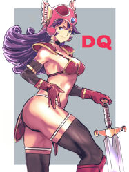 Rule 34 | 1girl, armor, armpits, bare shoulders, bikini armor, blue eyes, boots, breasts, choker, cleavage, closed mouth, collarbone, commentary request, cowboy shot, curly hair, dragon quest, dragon quest iii, elbow gloves, from side, gloves, helmet, holding, holding sword, holding weapon, kamisimo 90, large breasts, long hair, looking at viewer, medium breasts, navel, panties, purple hair, red armor, red gloves, revealing clothes, smile, soldier (dq3), solo, sword, toned, underwear, warrior, weapon, winged helmet