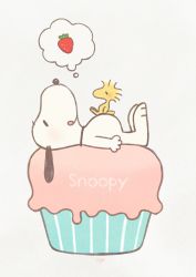 Rule 34 | artist name, ayu (mog), bad id, bad pixiv id, bird, character name, dog, food, food focus, fruit, licking lips, lying, no humans, on back, peanuts (comic), simple background, snoopy, strawberry, thought bubble, tongue, tongue out, woodstock