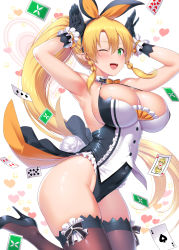 Rule 34 | 1girl, :d, animal ears, armpits, blonde hair, braid, breasts, capelet, card, cleavage, commentary request, covered navel, detached collar, fairy, fake animal ears, gloves, green eyes, hair ribbon, heart, high heels, highres, jumping, kawase seiki, knees together feet apart, large breasts, leafa, leotard, long ears, long hair, neck ribbon, one eye closed, open mouth, playboy bunny, playing card, pointy ears, ponytail, rabbit ears, rabbit girl, rabbit pose, rabbit tail, ribbon, shiny skin, sidelocks, smile, solo, sparkle, sword art online, tail, thighhighs, thighs, very long hair, white background