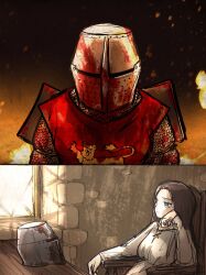Rule 34 | armor, blood, blood on armor, blood on clothes, blue eyes, brown hair, chair, desk, fire, helmet, highres, ironlily, lady merle (ironlily), long hair, medieval, ordo mediare sisters (ironlily), remembering, sitting, surcoat, window