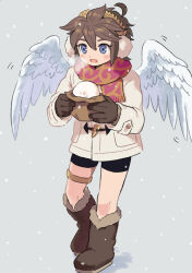 1boy ahoge alternate_costume angel angel_wings bike_shorts black_shorts blue_eyes boots brown_boots brown_gloves brown_hair coat earmuffs feathered_wings food food_request full_body fur-trimmed_footwear fur_trim gloves gold_thighlet grey_background holding holding_food jewelry kid_icarus kid_icarus_uprising layered_clothes light_blush male_focus nintendo nopepe open_mouth pit_(kid_icarus) scarf short_hair shorts sidelocks snowing spiked_hair thighlet white_wings wings winter_clothes winter_coat