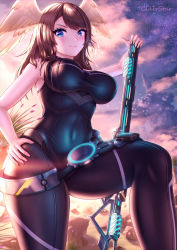 Rule 34 | 1girl, artist name, asymmetrical bangs, backlighting, black bodysuit, blue eyes, bodysuit, breasts, brown hair, clairstar, closed mouth, covered navel, eunie (xenoblade), hand on own hip, hand on weapon, head wings, highres, large breasts, latex, latex bodysuit, long hair, looking at viewer, outdoors, rock, sky, sleeveless, sleeveless bodysuit, smile, solo, thighs, white wings, wings, xenoblade chronicles (series), xenoblade chronicles 3