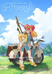 Rule 34 | 1girl, absurdres, blue bodysuit, blue eyes, blue sky, bodysuit, boots, closed mouth, cloud, day, gloves, goggles, goggles on head, grass, gun, hand up, highres, kotatsu (g-rough), motor vehicle, original, outdoors, red hair, scooter, sky, solo, standing, twintails, weapon, white gloves