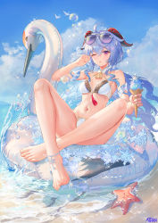 Rule 34 | 1girl, absurdres, ahoge, air bubble, anklet, artist name, atdan, aviator sunglasses, bare legs, bare shoulders, barefoot, bell, bikini, blue hair, breasts, bubble, cloud, crossed ankles, day, eyewear on head, feet, food, full body, ganyu (genshin impact), genshin impact, hair between eyes, halterneck, hand up, highres, holding, holding food, horns, ice cream, ice cream cone, inflatable toy, innertube, jewelry, long hair, looking at viewer, medium breasts, navel, neck bell, one eye closed, outdoors, parted lips, purple eyes, revision, sitting, slime (genshin impact), solo, starfish, stomach, string bikini, sunglasses, swim ring, swimsuit, tassel, toes, very long hair, water, white bikini