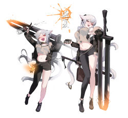 Rule 34 | 2girls, :d, ;d, absurdres, animal ears, arms up, asymmetrical clothes, bare shoulders, black footwear, black gloves, black jacket, black pants, blouse, bottle, breasts, cat ears, cat girl, cat tail, collar, crop top, crop top overhang, fang, full body, fur trim, gloves, grey hair, grey shirt, heterochromia, highres, holding, holding sword, holding weapon, huge weapon, jacket, large breasts, long hair, long sleeves, looking at viewer, medium breasts, midriff, multiple girls, multiple tails, navel, off shoulder, one eye closed, open clothes, open jacket, open mouth, orange eyes, original, pants, planted, planted sword, planted weapon, purple eyes, red eyes, revealing clothes, shirt, shisantian, shoes, simple background, single glove, single pantsleg, sleeveless, sleeveless shirt, slit pupils, smile, smug, spray bottle, standing, stomach, sword, tail, tail ornament, tail ring, thighs, very long hair, weapon, white background, white hair