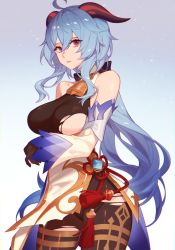 Rule 34 | 1girl, absurdres, areola slip, areolae, bare shoulders, bell, blue background, blue hair, bodysuit, breasts, brown bodysuit, brown gloves, cowbell, detached sleeves, ganyu (genshin impact), genshin impact, gloves, goat horns, gradient, gradient background, hair between eyes, highres, horns, jesse (pixiv34586727), large breasts, long hair, looking at viewer, red eyes, solo, torn bodysuit, torn clothes