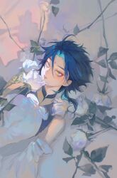 Rule 34 | 1boy, absurdres, ahoge, black hair, blue hair, brown eyes, detached sleeves, doupu41, eyeshadow, facial mark, flower, forehead mark, from above, genshin impact, high collar, highres, holding, holding flower, lying, makeup, male focus, mandarin collar, multicolored hair, on back, parted lips, pink lips, red eyeshadow, rose, shirt, short hair, solo, straight hair, teeth, two-tone hair, upper body, white flower, white rose, white shirt, xiao (genshin impact), yellow eyes